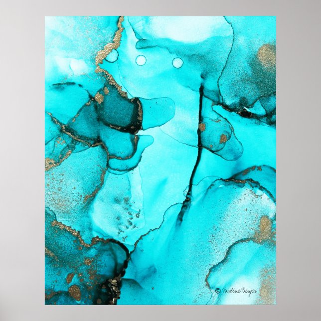 Modern Trendy Abstract Organic Teal Turquoise Gold Poster (Front)