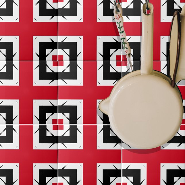 Modern Trendy Abstract Red Black & White Geometric Ceramic Tile (Creator Uploaded)