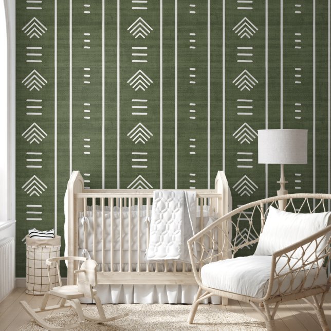 Modern Trendy African Mudcloth Arrows Green Wallpaper (Kids)
