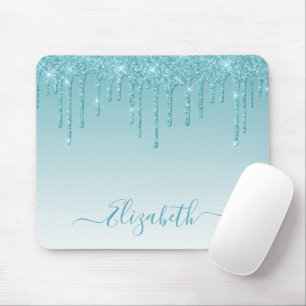 Modern Trendy Aqua Glitter Stylish Script Mouse Pad