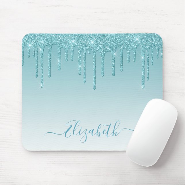 Modern Trendy Aqua Glitter Stylish Script Mouse Pad (With Mouse)