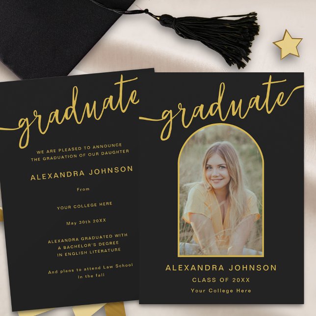 Modern Trendy Arch Photo Graduation Announcement (Modern trendy arch photo graduation announcement card stylish chic black and gold  script)