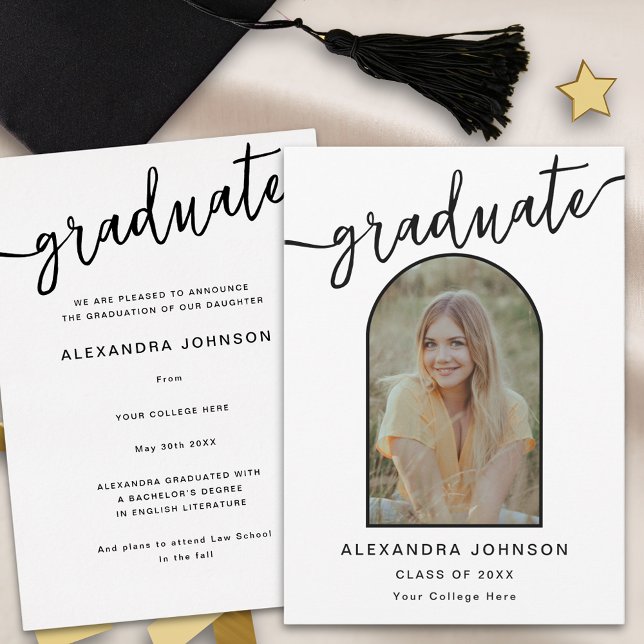 Modern Trendy Arch Photo Graduation Announcement (Modern elegant arch photo graduation announcement card stylish chic black script)