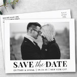 Modern Trendy Black and White Photo Save The Date Postcard<br><div class="desc">Modern Trendy Save The Date Black and White Photo Postcard with block script and calligraphy script combination.</div>