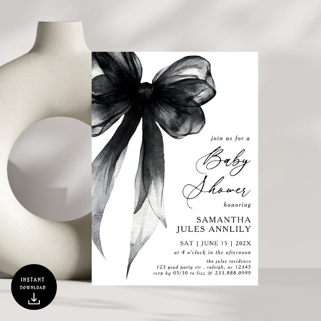 Modern Trendy Black Bow Baby Shower Invitation (Creator Uploaded)