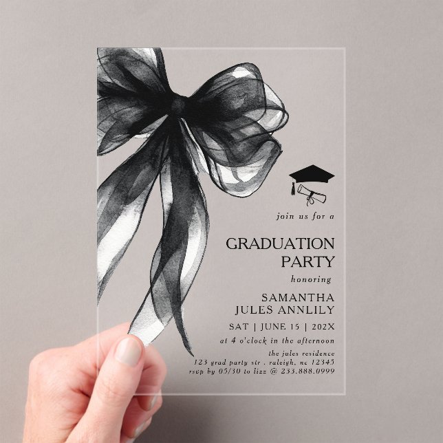 Modern Trendy Black Bow Graduation Party  Acrylic Invitations (Insitu (Handheld))
