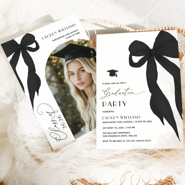 Modern Trendy Black Bow Graduation Party Invitation (Creator Uploaded)