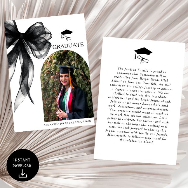 Modern Trendy Black Bow Graduation Photo Announcement (Creator Uploaded)