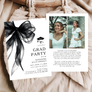 Modern Trendy Black Bow Photo Graduation Party Invitation