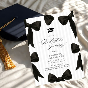 Modern Trendy Black Bow Stripes Graduation Party  Invitation