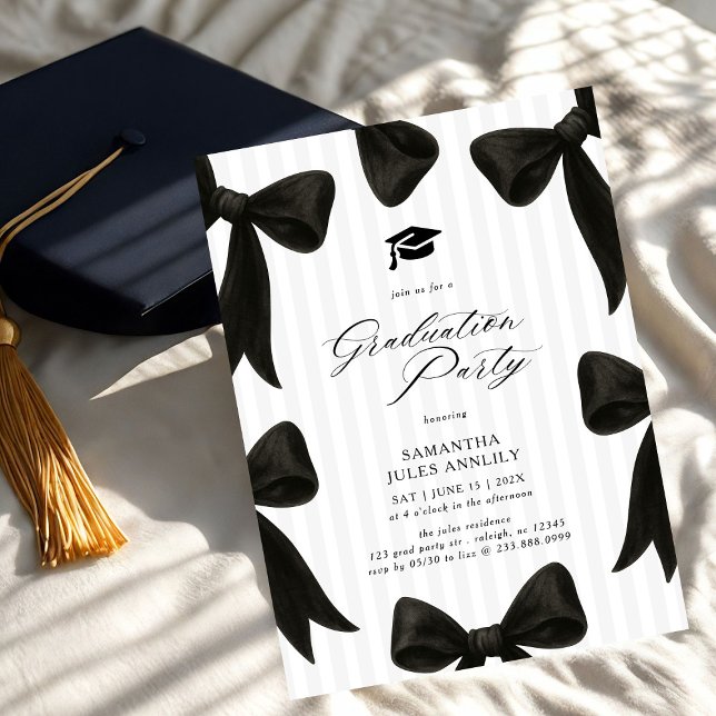 Modern Trendy Black Bow Stripes Graduation Party  Invitation (Creator Uploaded)