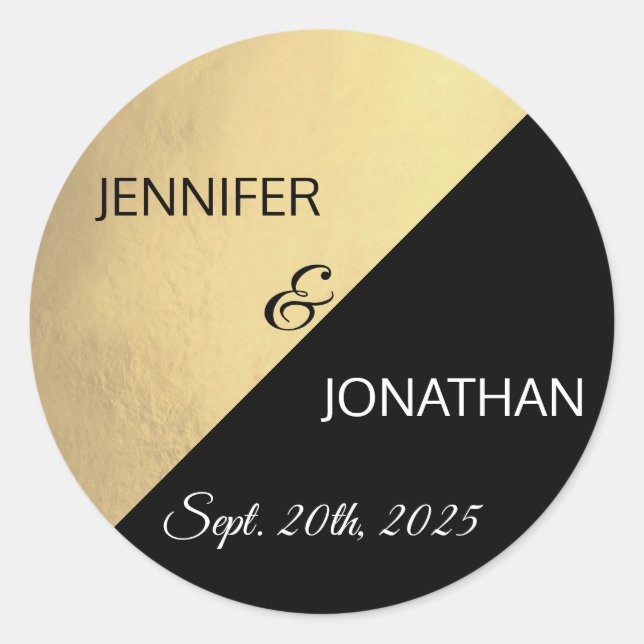 Modern Trendy Black Gold Foil Wedding Classic Round Sticker (Front)