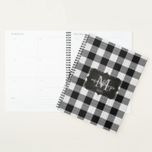 Modern Trendy Black & White Buffalo Plaid Mongram Planner