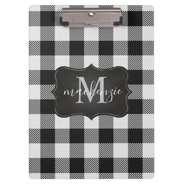 Modern Trendy Black White Buffalo Plaid Monogram Clipboard (Front)