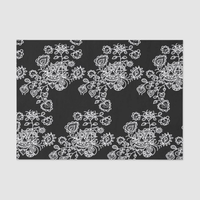 Modern Trendy Black & White Lace Pattern Tissue Paper (Front)