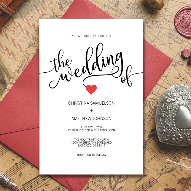 Modern Trendy Black White & Red Heart Wedding Invitation (Creator Uploaded)