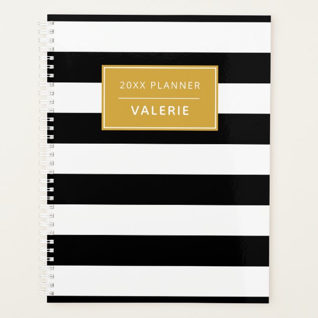 Modern Trendy Black White Stripe Custom Name Planner (Front)