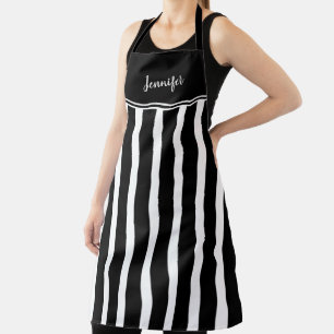 Modern trendy black white stripes monogram name apron
