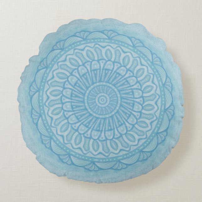 Modern trendy blue and turquoise boho design round cushion (Front)