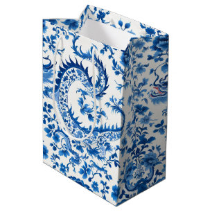 Modern trendy Blue and White chinoiserie dragon Medium Gift Bag