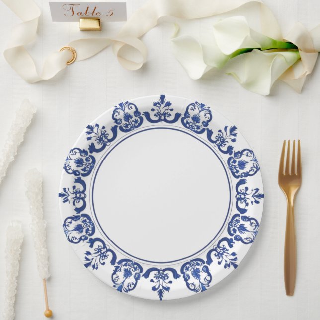 Modern trendy Blue and White Porcelain chinoiserie Paper Plate (Wedding)