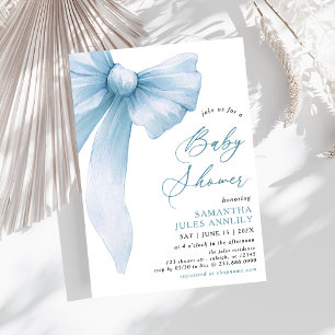 Modern Trendy Blue Bow Baby Shower Invitation
