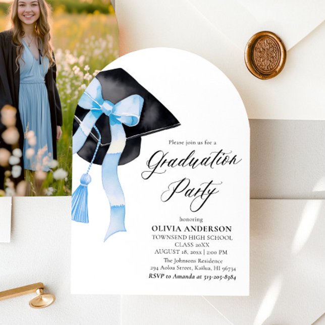 Modern Trendy Blue Bow Graduation Cap Arched Invitation (Creator Uploaded)