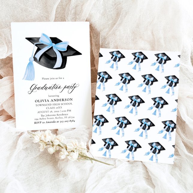 Modern Trendy Blue Bow Graduation Cap Graduation Invitation (Watercolor Modern Elegant Trendy Stylish Blue Bow Graduation Invitation)