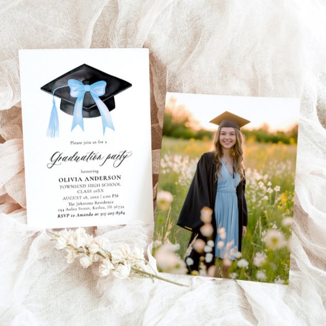 Modern Trendy Blue Bow Graduation Cap Graduation Invitation (Watercolor Modern Elegant Trendy Stylish Blue Bow Graduation Invitation)