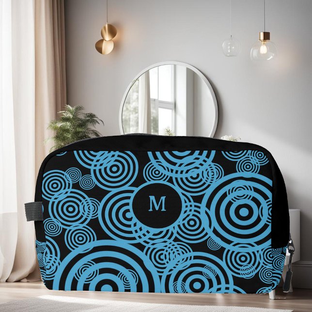 Modern, trendy blue circles on black monogram  dopp kit (Creator Uploaded)