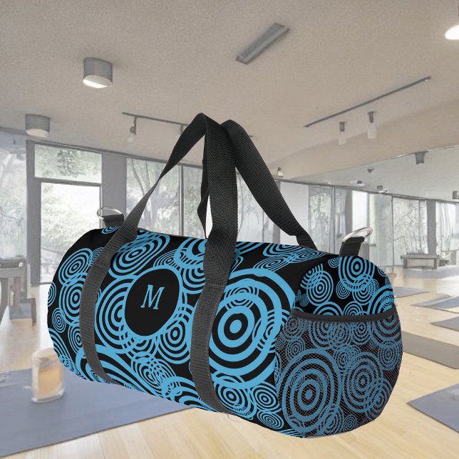 Modern, trendy blue circles on black monogram  duffle bag (Creator Uploaded)