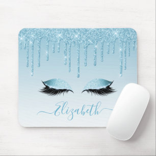 Modern Trendy Blue Glitter Lashes Stylish Script Mouse Pad