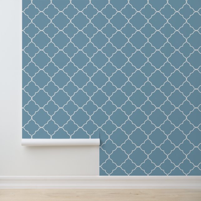 Modern Trendy Blue Quatrefoil Wallpaper (Application)