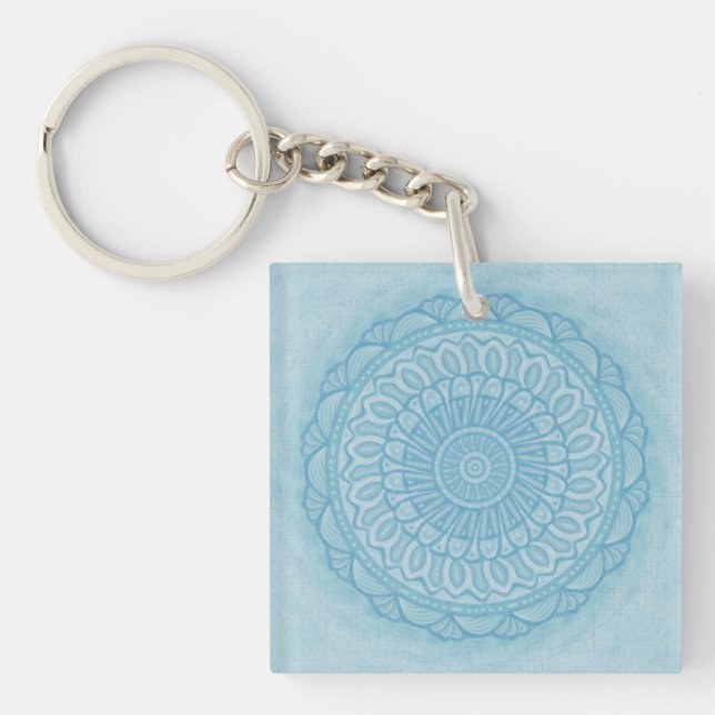 Modern trendy blue white and turquoise boho design key ring (Front)