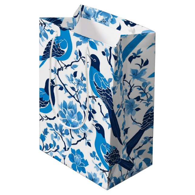 Modern trendy Blue White chinoiserie flower bird Medium Gift Bag (Back Angled)