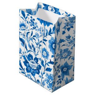 Modern trendy Blue White chinoiserie flower party Medium Gift Bag