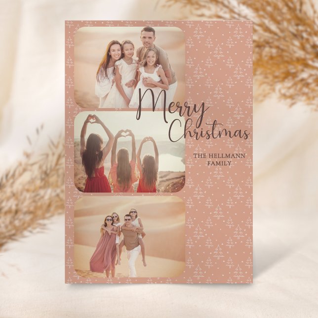 Modern trendy boho photos Merry Christmas trees Holiday Card (Earthy color, terracotta boho christmas card. Cozy holiday greetings to family and friends.)