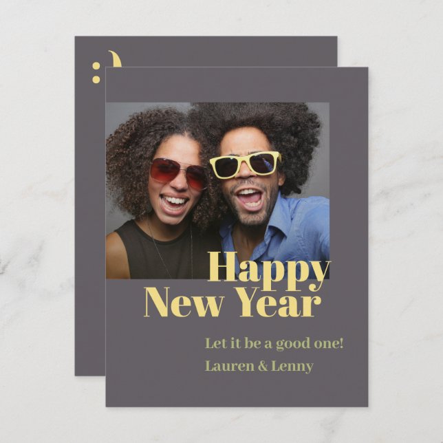 Modern Trendy Bold Charcoal Script Photo New Years Holiday Card (Front/Back)