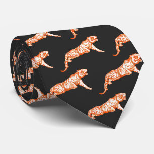 Modern Trendy Bright Orange Tiger on Black Tie