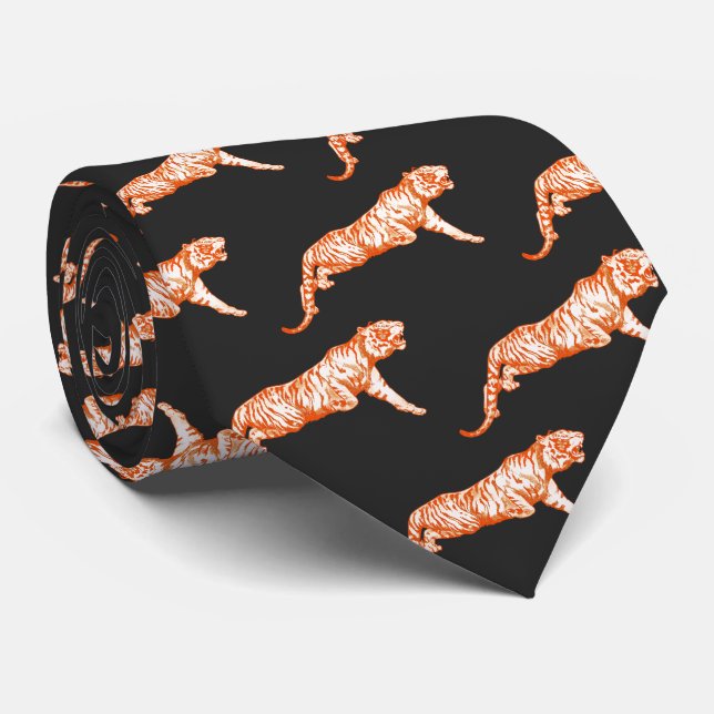 Modern Trendy Bright Orange Tiger on Black Tie (Rolled)