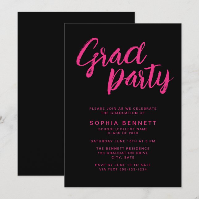 Modern Trendy Brush Script Black & Pink Grad Party Invitation (Front/Back)