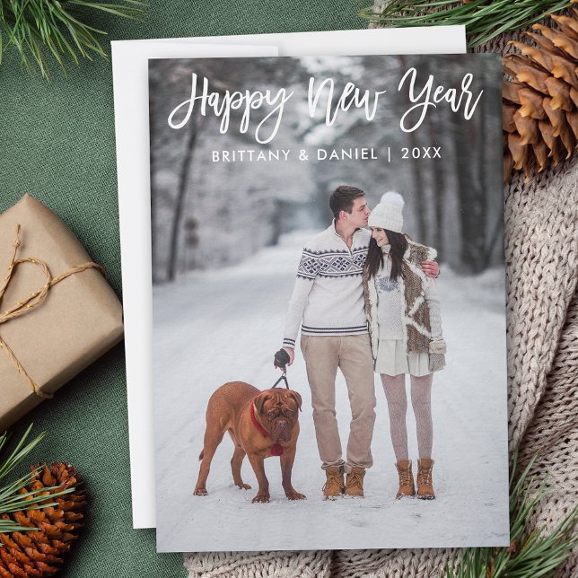 Modern Trendy Brush Script Photo Happy New Year Holiday Card (Customize to add text to back of card.)