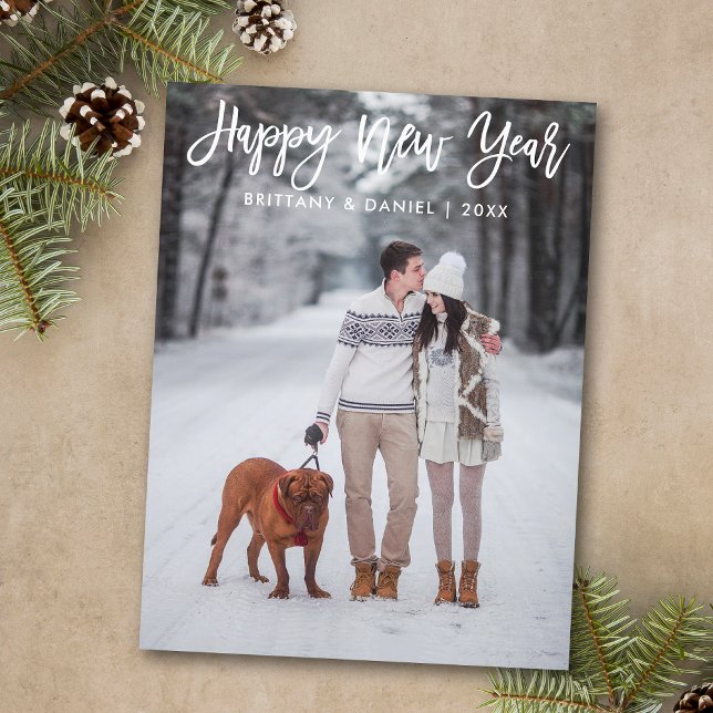 Modern Trendy Brush Script Photo Happy New Year Postcard (Customize to change your personalized text size or text style.)
