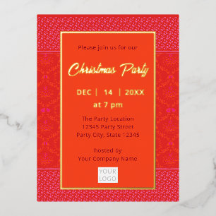 Modern Trendy Business Christmas   Red Orange Pink Foil Invitation Postcard