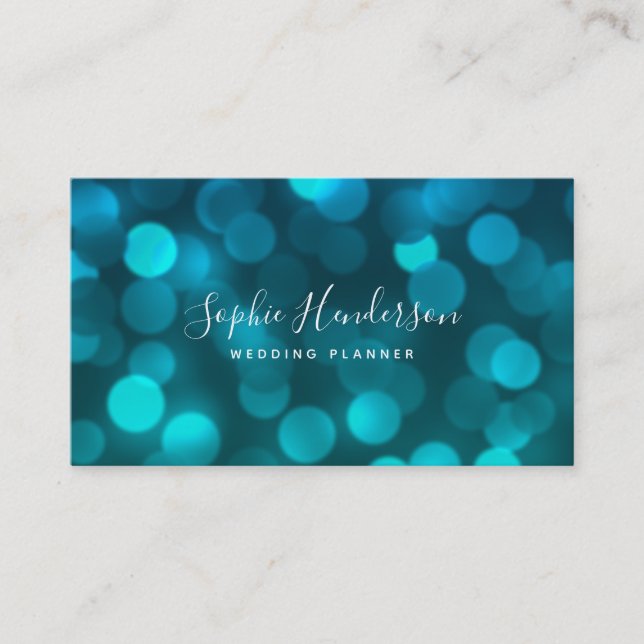 Modern Trendy Calligraphy Aqua Blue Bokeh Lights Business Card (Front)