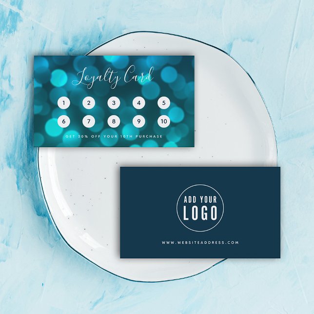 Modern Trendy Calligraphy Aqua Blue Bokeh Lights Loyalty Card (Creator Uploaded)