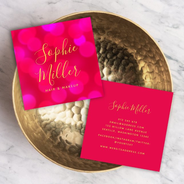Modern Trendy Calligraphy Pink Bokeh Lights Square Business Card (Creator Uploaded)