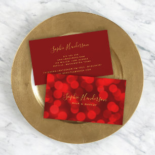 Modern Trendy Calligraphy Ruby Red Bokeh Lights Business Card