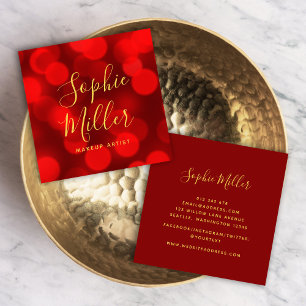 Modern Trendy Calligraphy Ruby Red Bokeh Lights Square Business Card