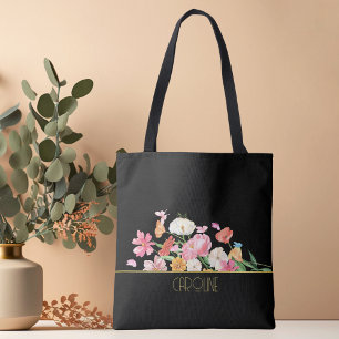 Modern Trendy Chic Black floral tote bag